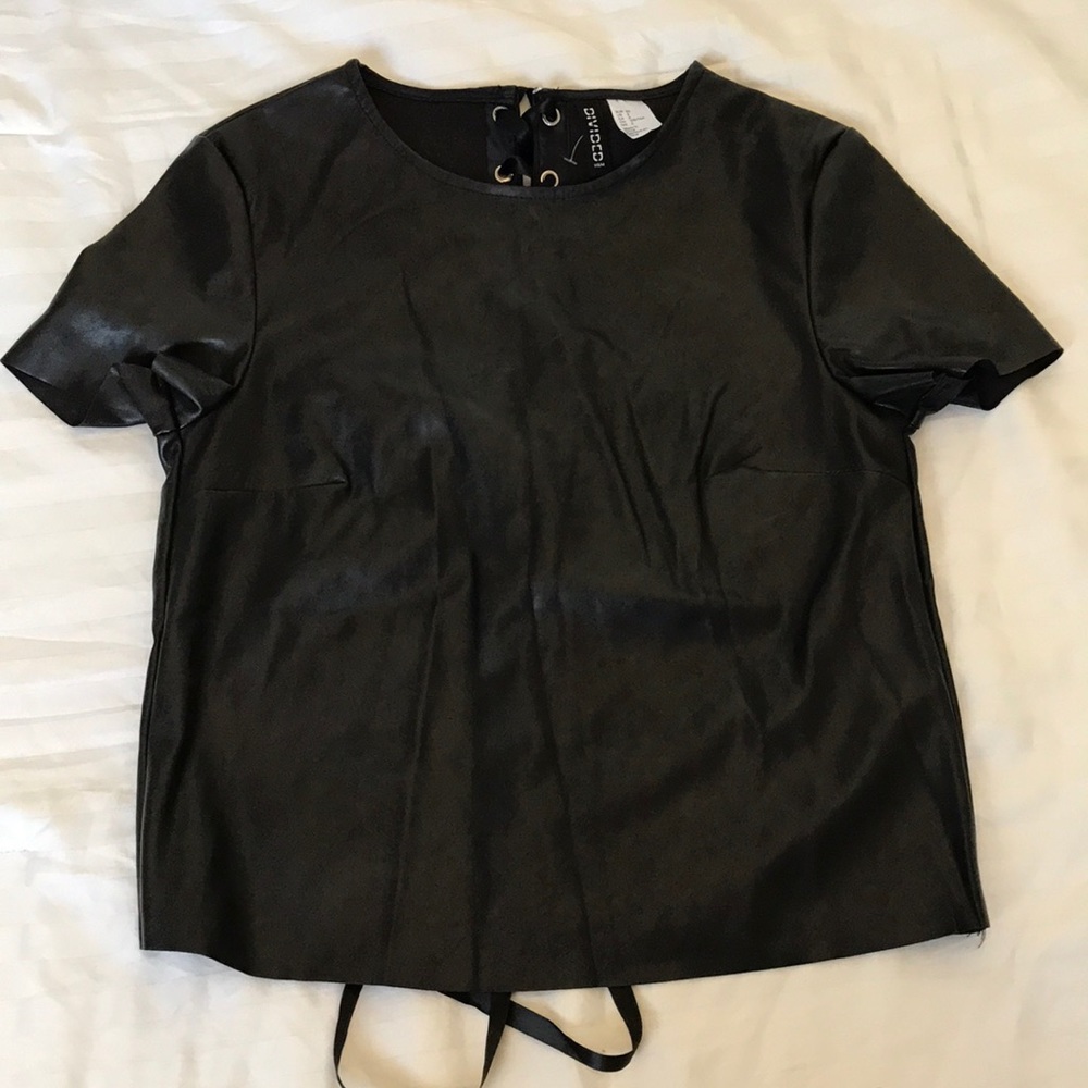 NWOT Black Leather Top With Lace Up Back